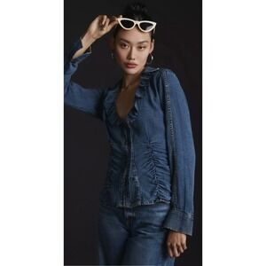 Anthropologie Pilcro Denim Shirred Waist Ruffle Neck Blouse Sz XXS Boho Western